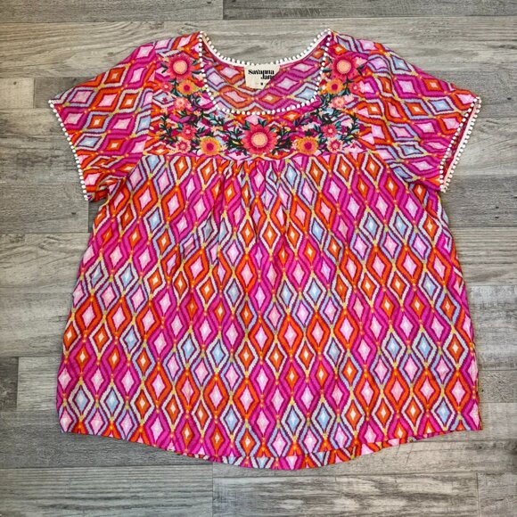 Savanna Jane Multicolor Embroidered Short Sleeve Blouse Pom Trim F39 - Picture 1 of 5